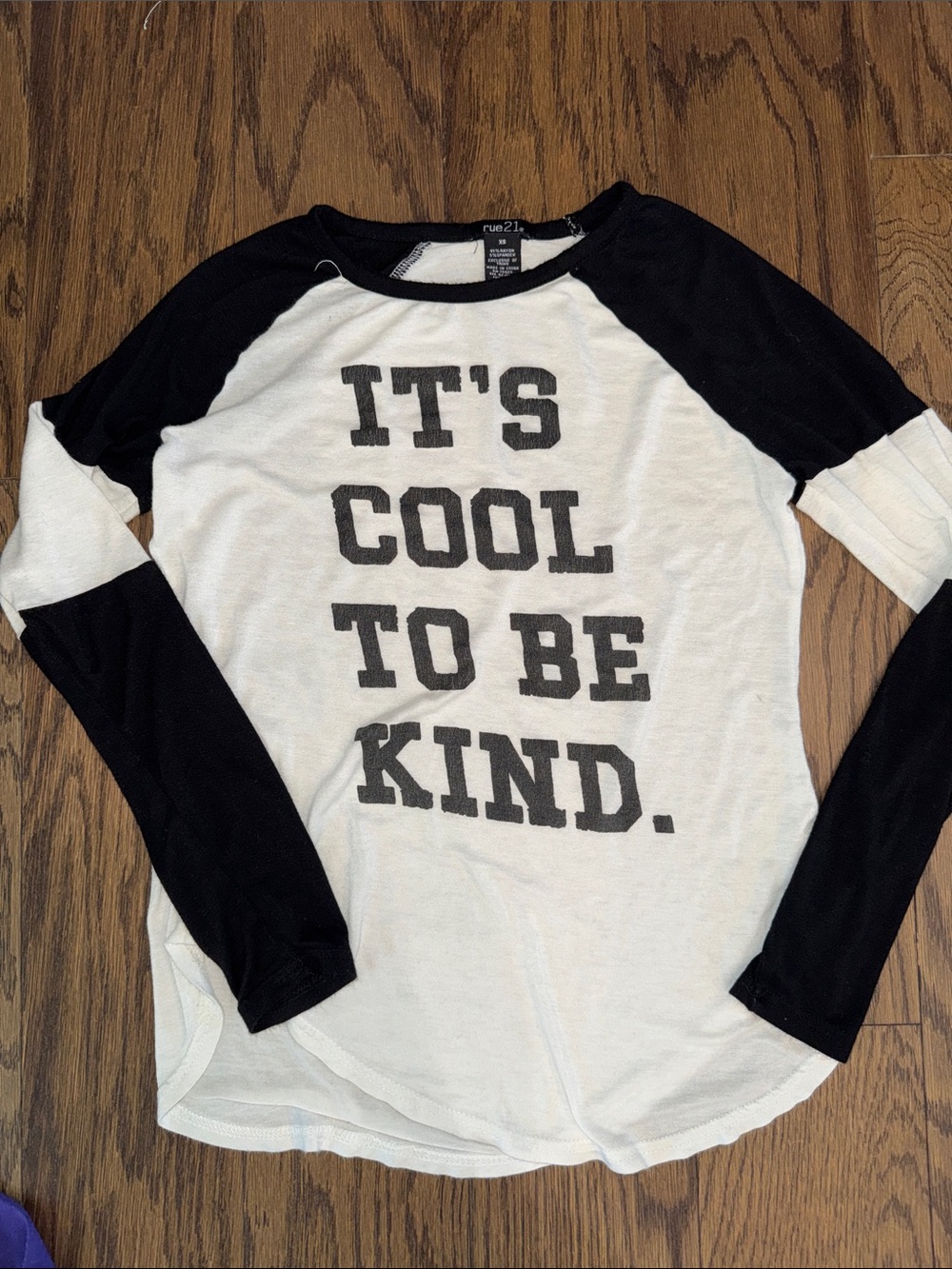 Rue21 Black & White Long Sleeve Raglan Tee with 'It's Cool To Be Kind' Graphic
